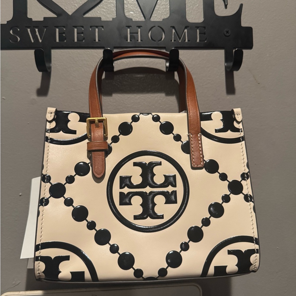 Tory Burch Black and Cream two sided Tote with Brown Handle Bag - Picture 2 of 6